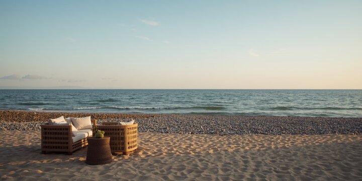 Peaceful seaside setting showing beach seating and expansive water horizon