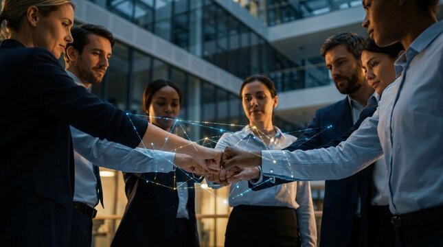 Diverse business team joins fists in a circle with glowing digital network lines connecting their hands to represent strong collaboration.