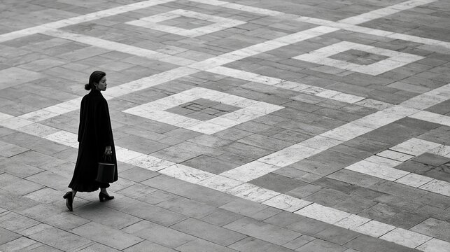 Femme v&ecirc;tue de noir traversant seule une vaste place pav&eacute;e aux motifs