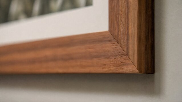 Close-up of a handmade wooden picture frame with precise mitered corners.