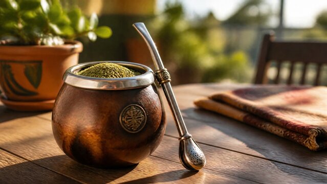 A mate gourd with yerba and bombilla on a sunlit patio table.