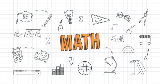 Math and geometry linear vector icons set on checkered paper background. Hand drawn black line art algebra formulas and school elements with orange text.