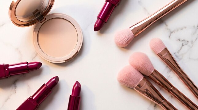 Elegant marble flatlay displays glossy deep magenta lipsticks alongside compact powder and delicate rose gold makeup brushes for beauty.