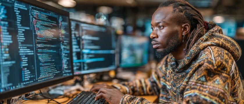 A focused programmer works on multiple screens displaying code, with a blurred office background emphasizing deep concentration and technical skill.