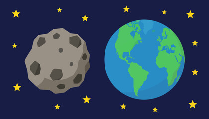 Fototapeta premium Illustration of an asteroid and planet earth floating in starry space, representing celestial bodies and cosmic exploration
