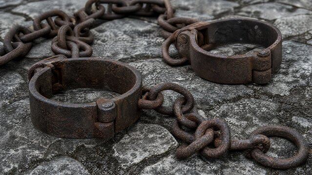 Weathered rusted chains and manacles scattered on rough stone pavement.