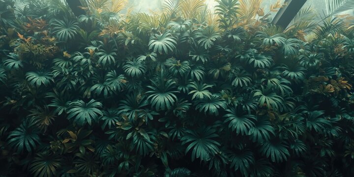 Vertical greenery showcasing jade and teal accented leaves with lush canopy textures in a tropical cloud forest mood for August