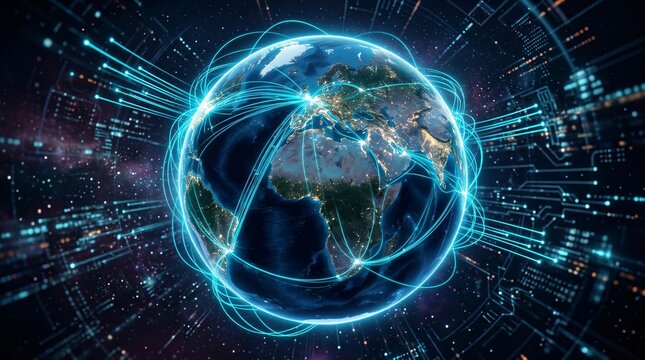 Glowing digital earth map is intricately connected by bright cyan fiber optic light trails zooming rapidly across a dark high-tech backdrop.