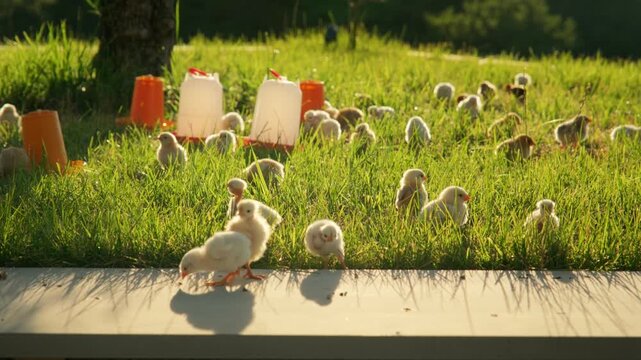 Handheld wide shot of young chicks roaming on green grass near poultry feeders in warm sunset light. Outdoor farm scene shows small flock, long shadows and free range poultry care in field.