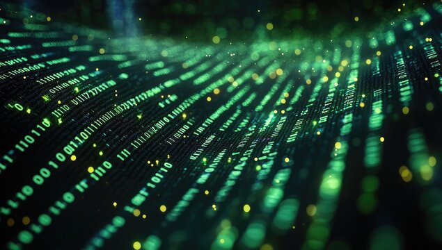 Abstract Digital Landscape with Green Binary Code and Light Effects | AI Generated