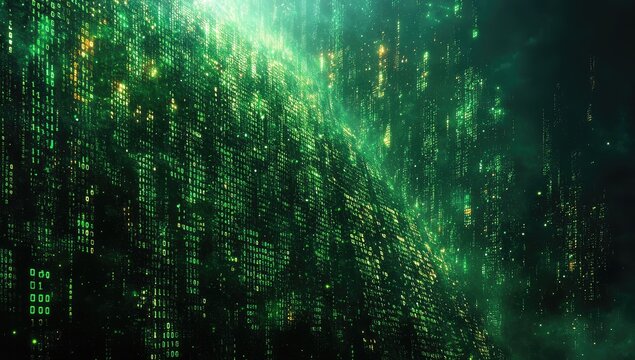 Futuristic Digital Landscape with Green Binary Code and Glowing Effects | AI Generated