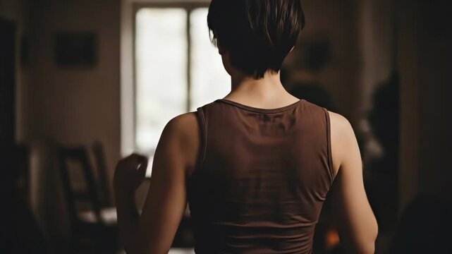 A woman seen from behind stretching her arms over her head in a quiet room