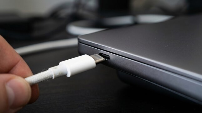 Macro shot elegantly captures connecting a white USB-C cable into the side port of a dark grey premium laptop with sleek modern aesthetics.