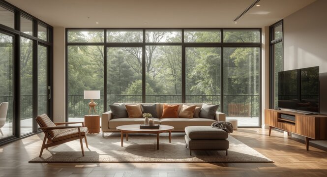 Inviting living room featuring spacious window and modern furniture setup