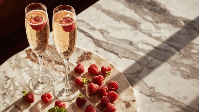 Champagne flutes with raspberries on a marble table