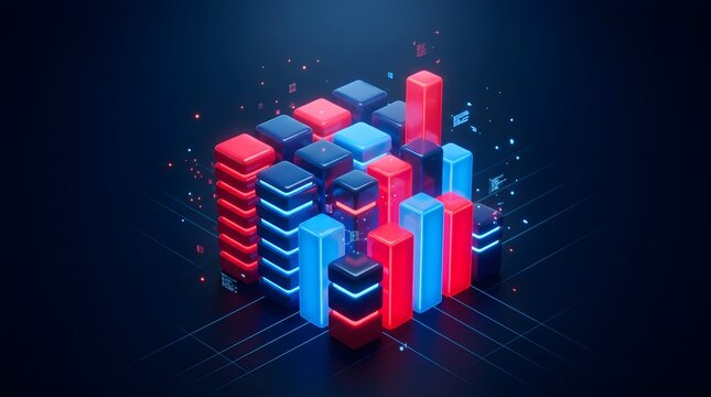 Glowing red and blue isometric 3d bar charts representing complex digital data analysis and information