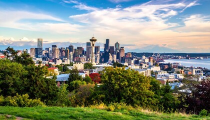 Fototapeta premium A panoramic view of a city skyline with a tower, surrounded by lush greenery and a serene body of water under a blue sky with wispy clouds