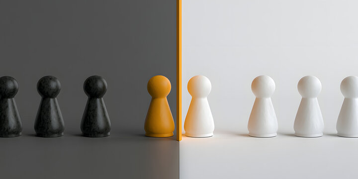 dividing wall between two different colored 3D pawn figurines, social division