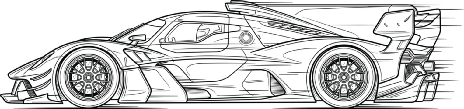 Dynamic Side Profile Line Art Illustration of a High-Performance Hypercar in Motion