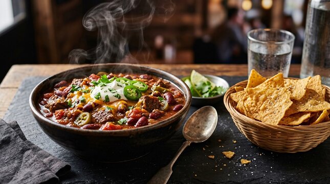 Steaming bowl of hearty spicy chili con carne containing red kidney beans is served with crispy golden tortilla chips on a dark slate table.