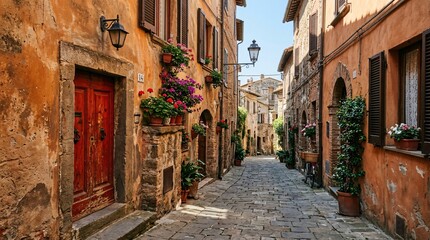 Obraz premium Sunlit narrow brick alleyway located in a historic European town features weathered orange walls alongside vintage lamps and a red door.