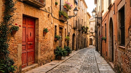 Fototapeta premium Sunlit narrow brick alleyway located in a historic European town features weathered orange walls alongside vintage lamps and a red door.