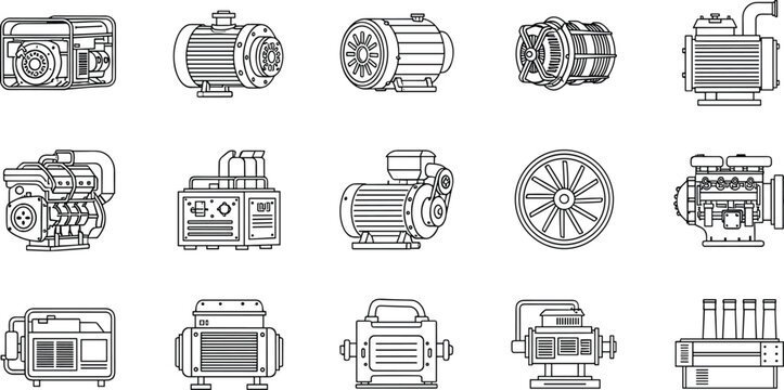 Industrial Machinery and Electric Motor Icon Set Featuring Generators, Pumps, and Engines in Outline Style