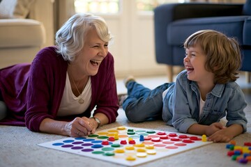 Fototapeta premium Grandmother and child enjoying board game in cozy room