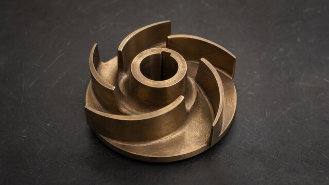 A single bronze impeller component isolated on a dark workshop table.
