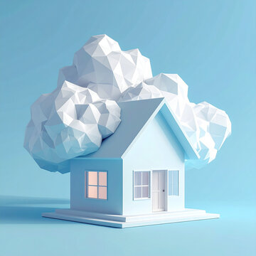 Minimalist 3D Low Poly House with White Cloud on Blue Background