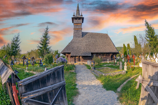 Rogoz village, belonging to Targu Lapus, Maramures county, Romania-Sept.19, 2020: Wooden church Holy Archangels Michael & Gabriel dating from 1663. Historical Monument recorded as World Heritage Site.