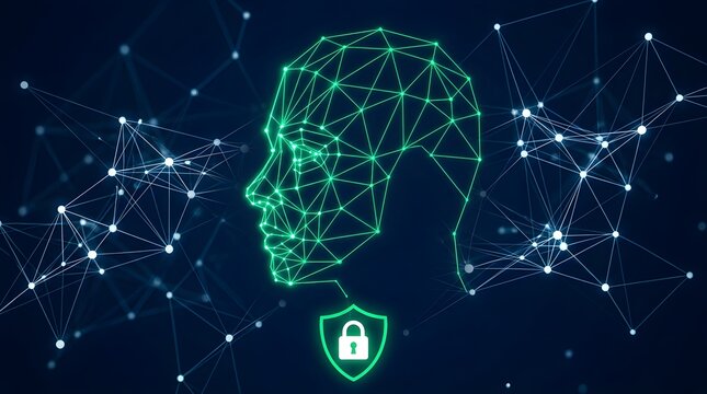 Glowing digital wireframe human head silhouette featuring a secure padlock icon for advanced cyber security concepts
