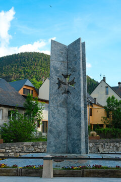 Vielha, Val d'Aran, Spain. May 23, 2026. "Aran per sa Lengua" Monument. Stylized Occitan cross is a symbol of historical Occitania and Aran identity.