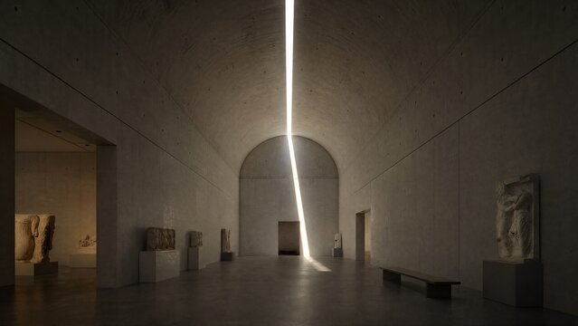 Architectural interior with a long concrete vaulted ceiling and a beam of light.