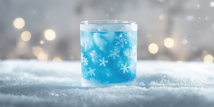 Blue cocktail in a snow-covered glass on a winter background