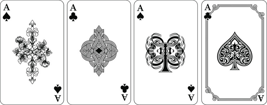 Set of Four Decorative Aces Playing Cards Featuring Ornate and Stylized Suit Designs