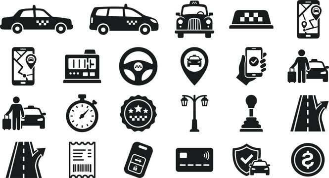 Taxi Service and Ride Hailing Icon Set with Car Silhouettes, Mobile Navigation Maps, Passenger Luggage, Payment Methods, and Transportation Symbols for Mobile Apps