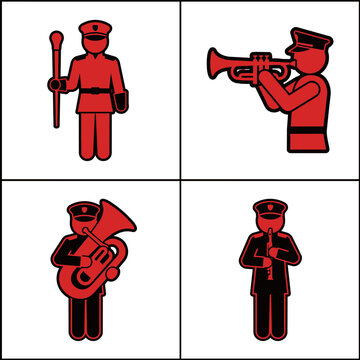 Set of marching band musicians icons, including a drum major, a trumpet player, a tuba player, and a clarinet player