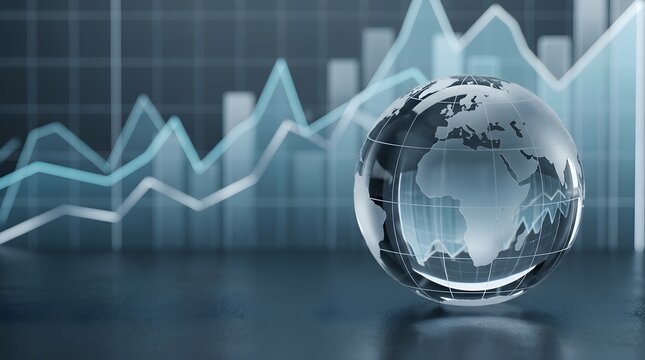 Transparent glass globe on dark surface with blue financial bar charts and line graphs reflecting global economic growth market business lifestyle concept
