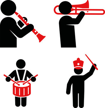 Set of marching band icons, including a clarinet player, a trombone player, a drummer, and a drum major