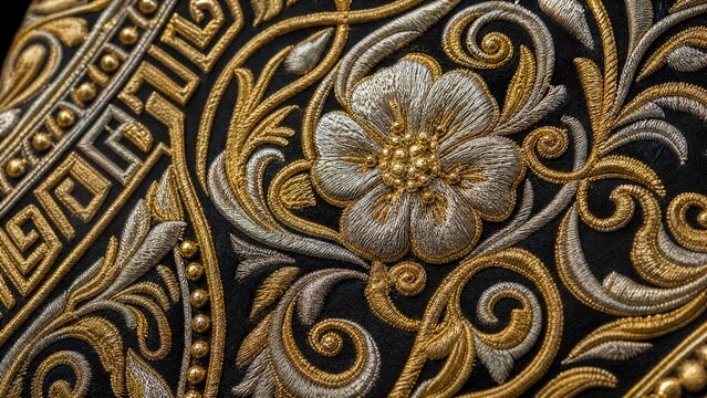 Intricate floral and geometric embroidery on charro jacket, gold and silver thread detail.