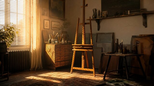 Morning light through blinds in a dusty studio with an empty easel.
