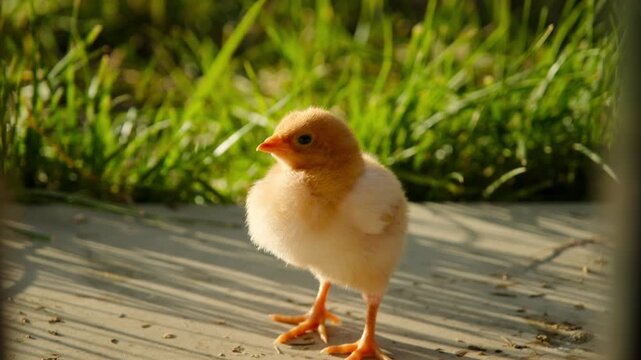 Handheld close shot of chick standing on sunlit ground near green grass, looking around before running out of frame. Warm light and soft shadows highlight fluffy feathers and spring farm life.