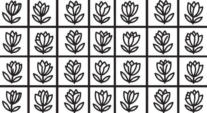 Minimalist Floral Grid Seamless Pattern - Modern Monochrome Flower Box Vector