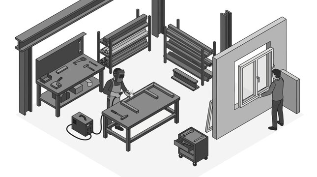 Workshop Interior: Welder, Workbench, Shelving, Window Installation