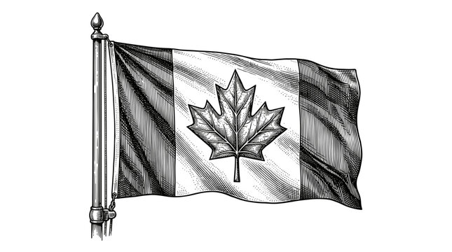 Waving flag of Canada with maple leaf on a flagpole. Vintage engraving style vector illustration