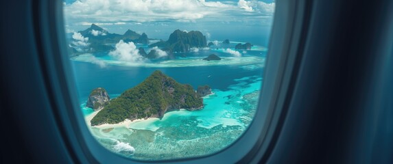 Naklejka premium Aerial view of tropical islands and turquoise waters from airplane window