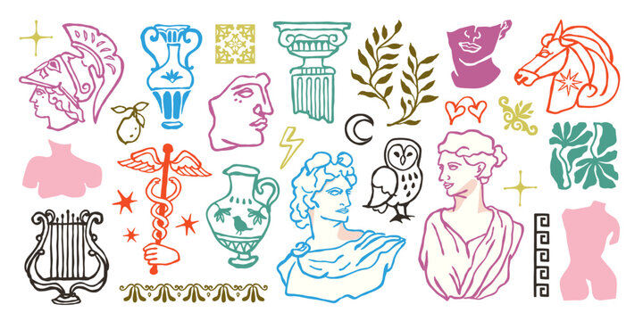 Ancient Greek Symbol Illustrations with Athena Helmet, Classical Sculpture Busts, Owl, Horse, Amphora Vase, Laurel Branches and Mythological Elements in Hand Drawn Outline Style