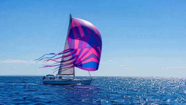 Sailboat with colorful spinnaker on a vast blue ocean under clear sky.