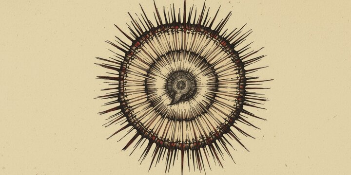 Sea urchin ovum shown in vintage pen drawing emphasizing radial striations of cell membrane and protoplasm